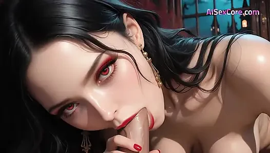 AI vampire queen strips slowly and rides hard in darkness until hot climax spills across her pale skin