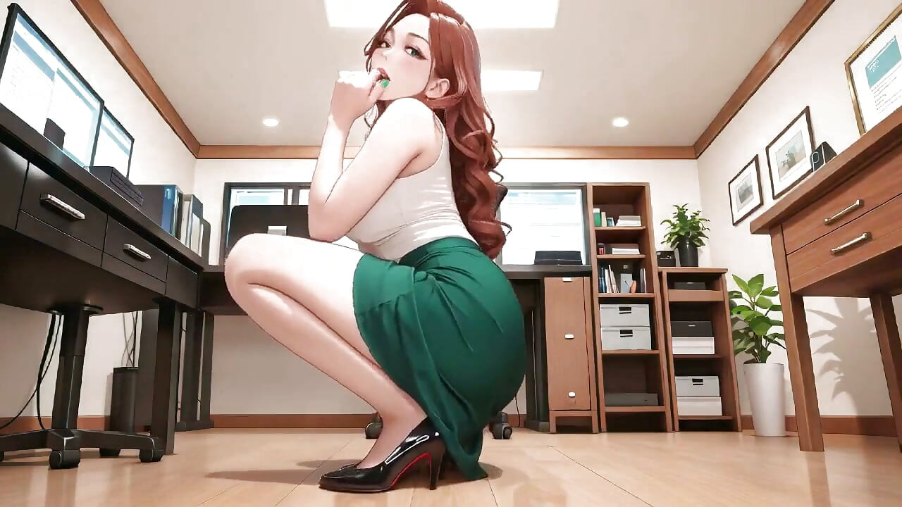 Costume vert et cheveux roux ! la secrétaire de bureau paresseuse. Penchement, taquinage, et ces yeux mouillés ... Qui peut la gérer ?