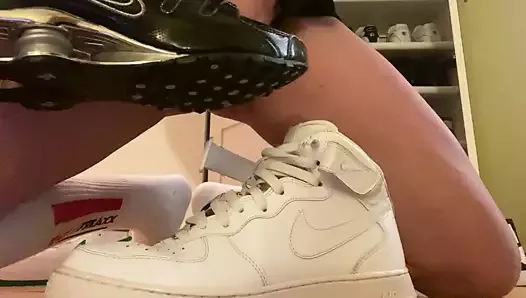Pierced cock cumming in Nike shox