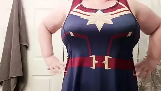 Caressing my curves in my new Captain Marvel dress!