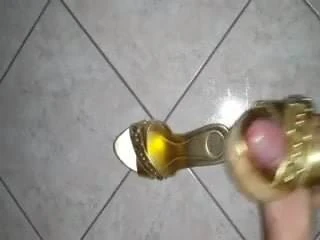 Shoejob .... cum on my wife's gold wedges cork