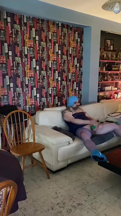 Dirty sissy whore in blue outfit playing hard ass to mouth sex