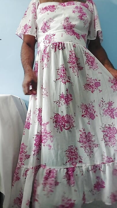 I'm dancing while masterbating in my Pink flowers Silk Seethrough Chiffon Frock