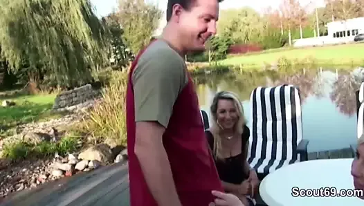 German Step Mom and Daughter Seduce Stranger to Fuck Outdoor