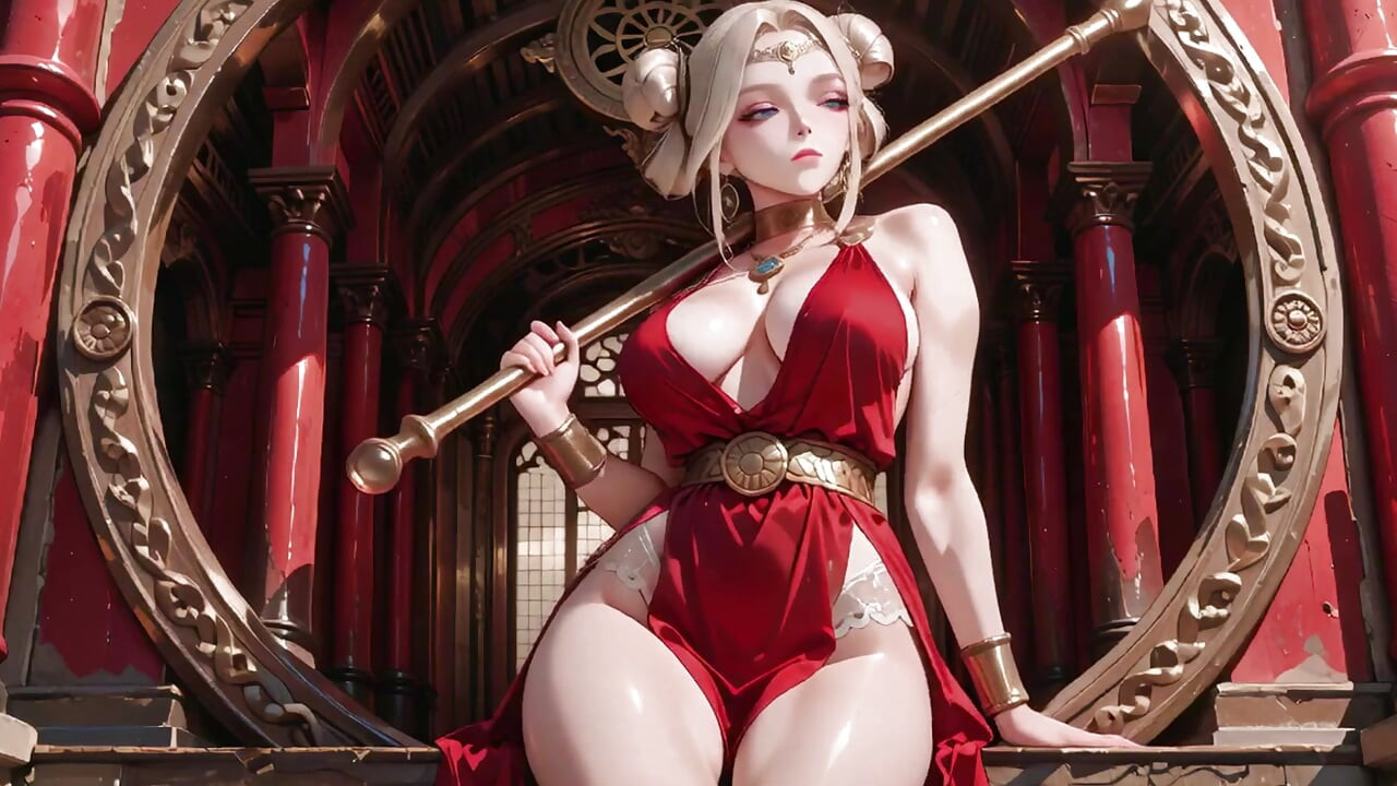 Blonde Goddess in Red! Forbidden Gaze in the Ancient Corridor, Deep V & High Slit teasing you.
