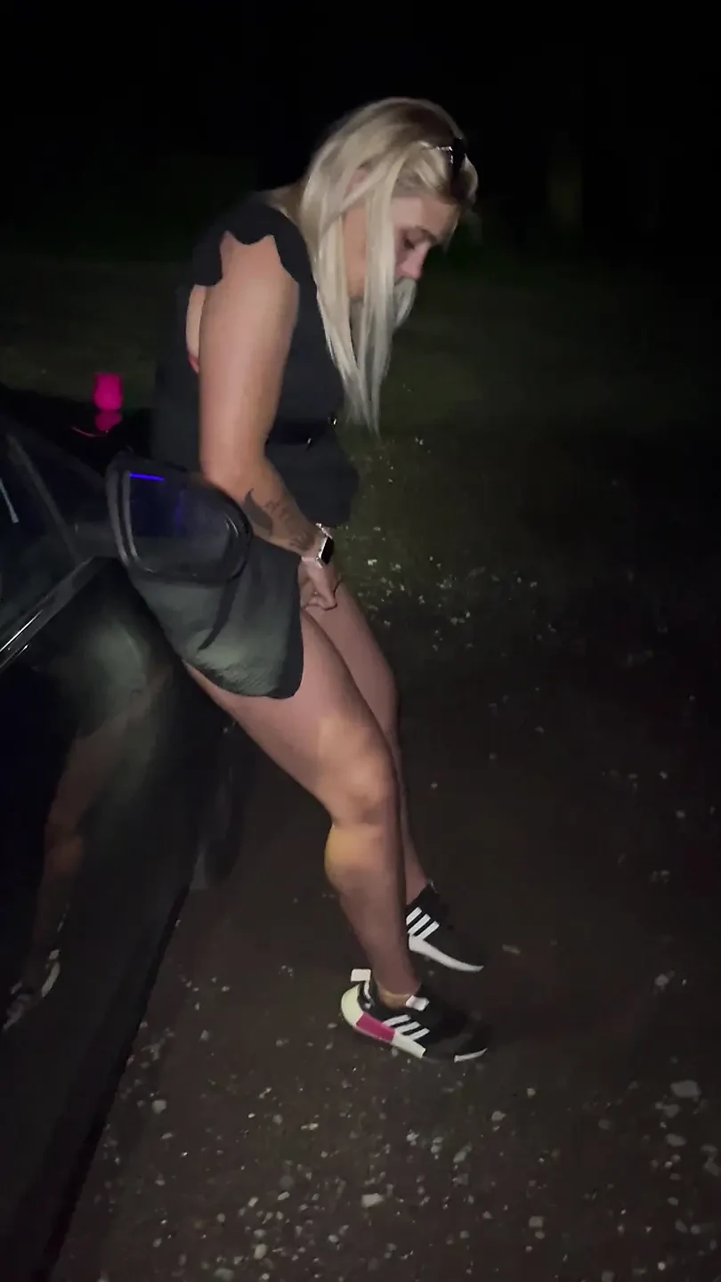 Outdoor parking at the car close-up dress pulled up blonde milf squirts legs down trembling twitch moaning, stud watches.