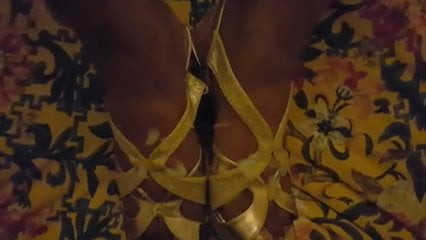 Huge cumshot on gold heels