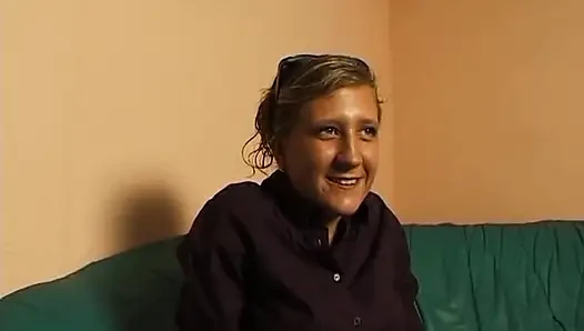 Small titted blonde rubs and fingers her pussy at the casting