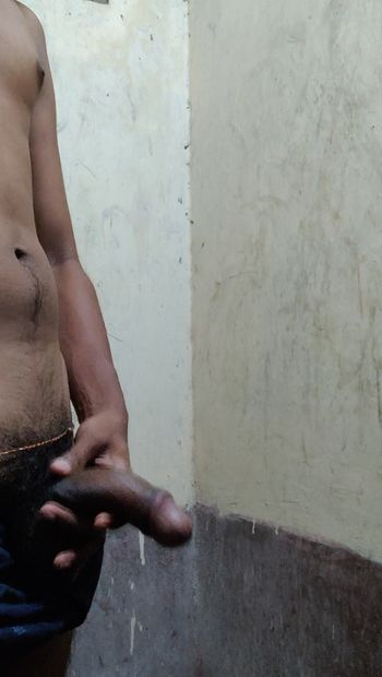 Ein indischer mann zeigt penice in der toilette
