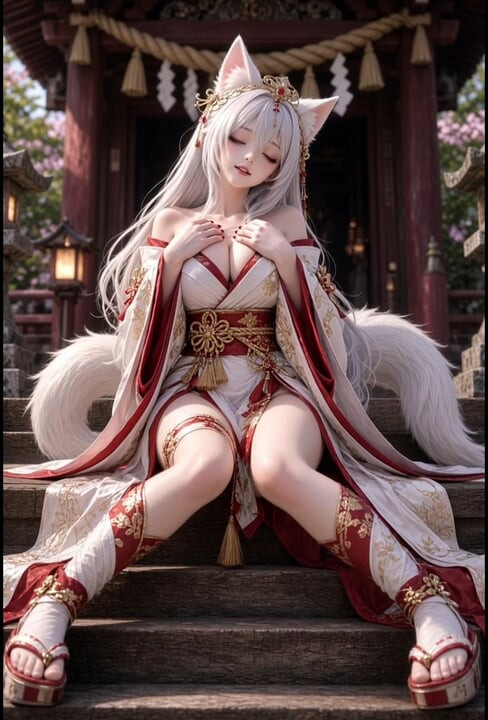 3d anime kitsune tapınak merdivenlerinde mastürbasyon yapıyor ve siklerine biniyor