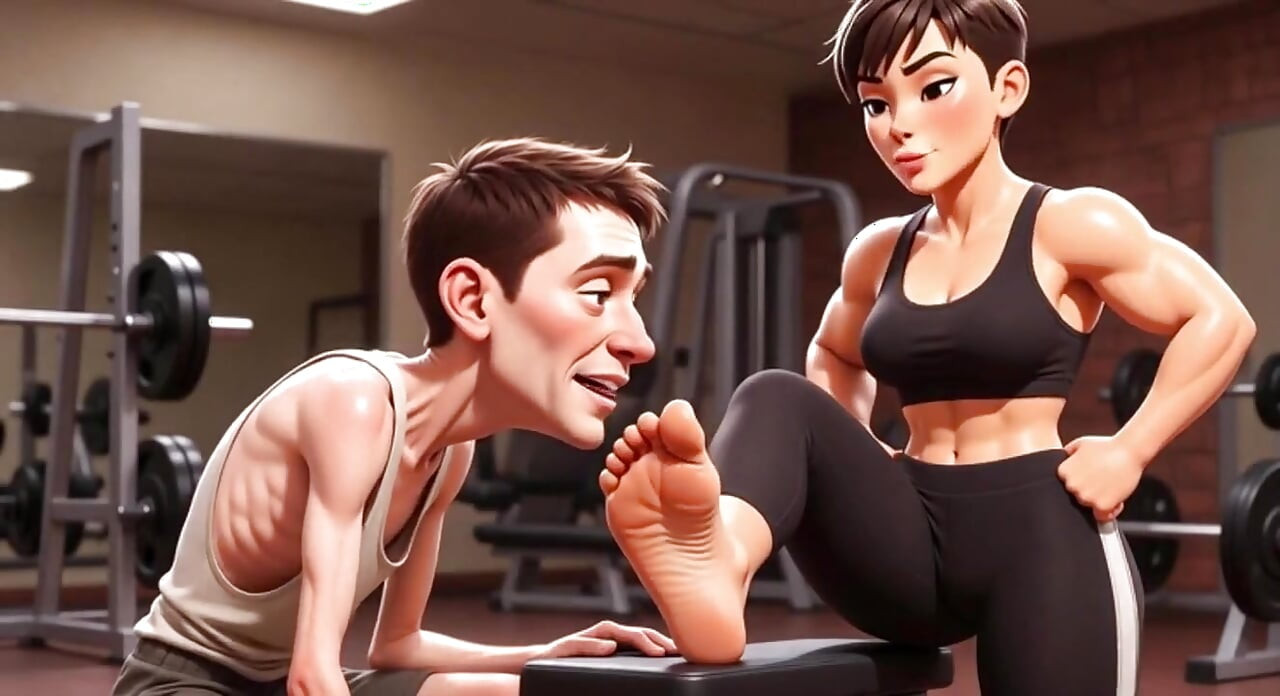 Strong Muscular Woman Makes Skinny Slave Lick Her Feet