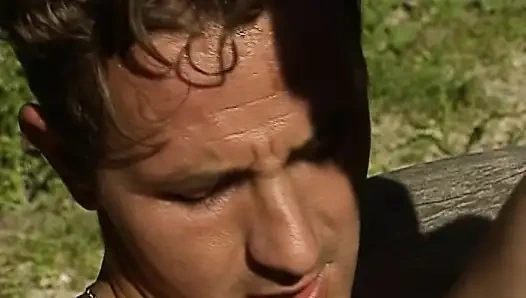 German blonde MILF gets her asshole drilled outdoors