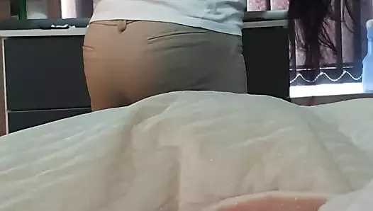 Step mom changing clothes in front of step son while he plays with his cock