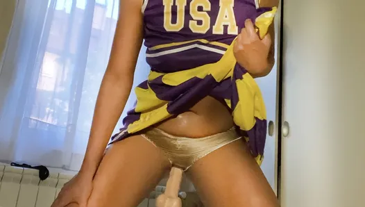 Sliding cock up cheerleader’s skirt through her satin panties for perfect panty fetish