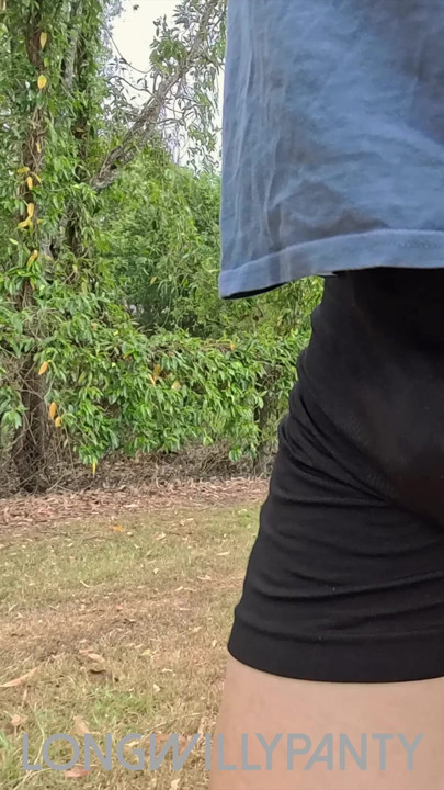 Straight amateur guy walks with dick poking out of exposed shorts