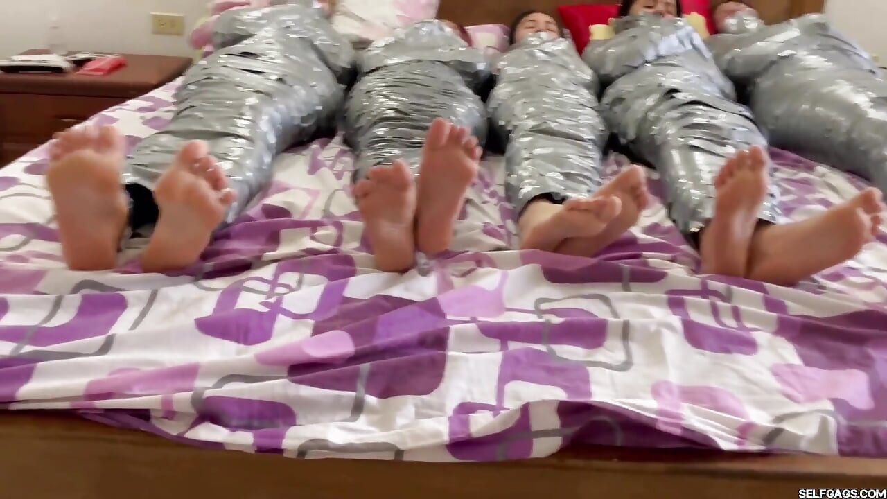 5 Mummified Girls Struggle All Wrapped up and Gagged!