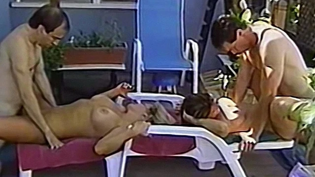 Vintage amateur orgy with two couples in the backyard