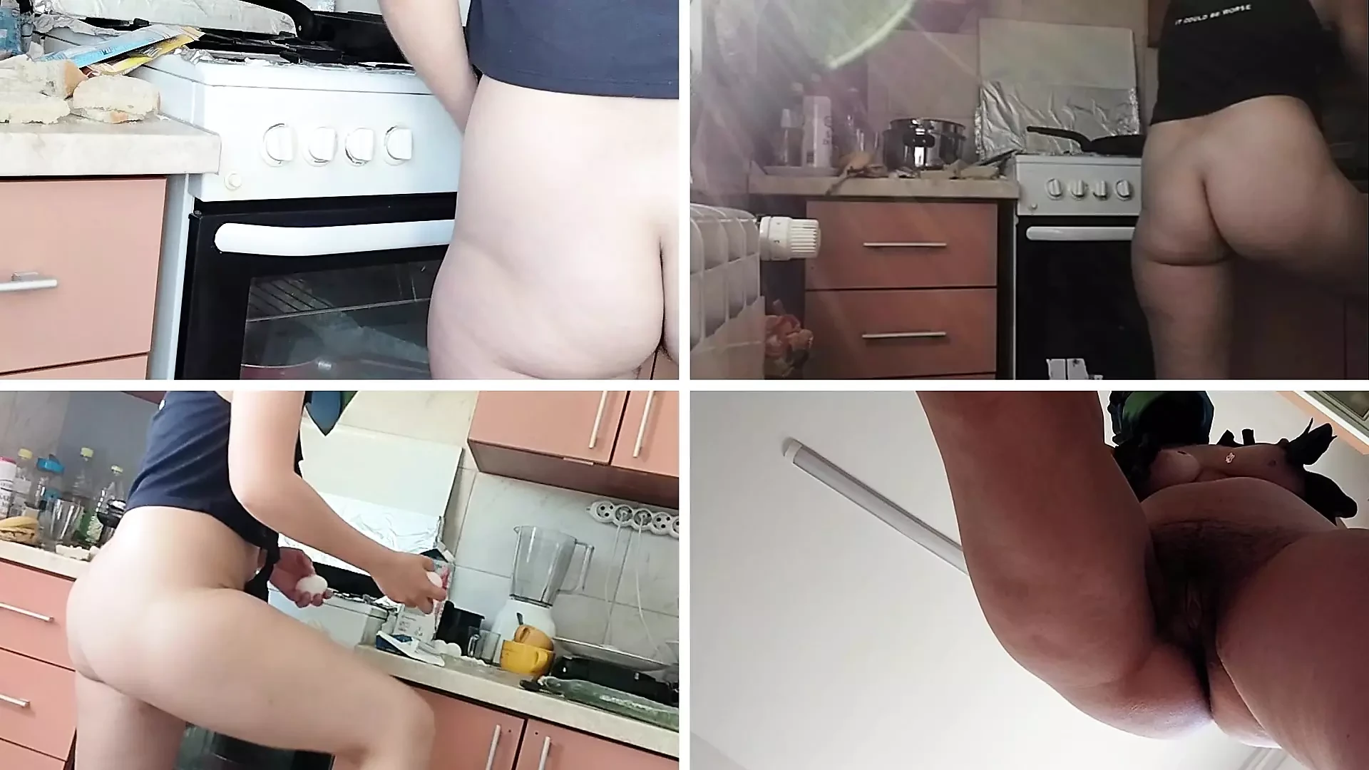 Сексуальная голая жена готовит еду на кухне.