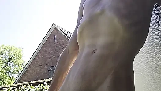Skinny boy naked pissing und sperm. Piss n sperm flows from big uncut dick outdoor