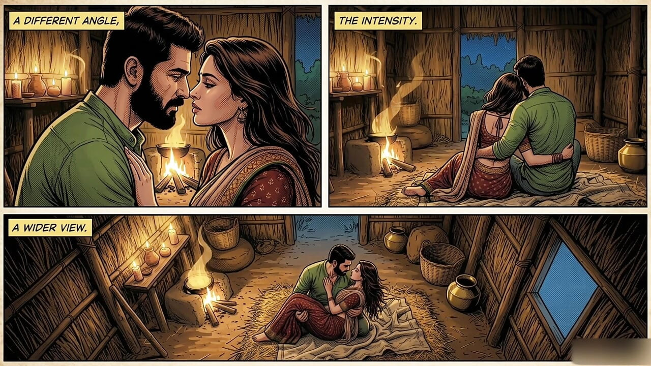 Raju and Seema started making a hut in the jungle and started having sex.