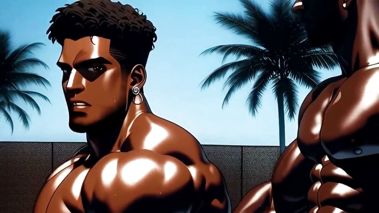 Homo Anale Seks Met Twee Zwarte Mannen Bij Het Zwembad Van Een Luxe Hotel. Yaoi Hentai-animatie.