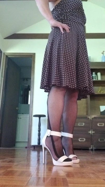 Crossdresser in Sexy Brown Dress and White Strappy Heels