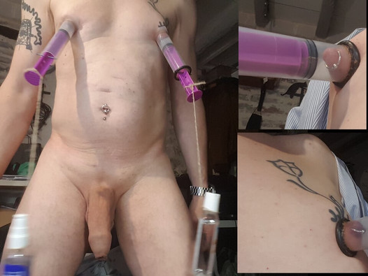 tits pump, nipples pumped and strongly sucked by air vacuum syringes masturbate sperm