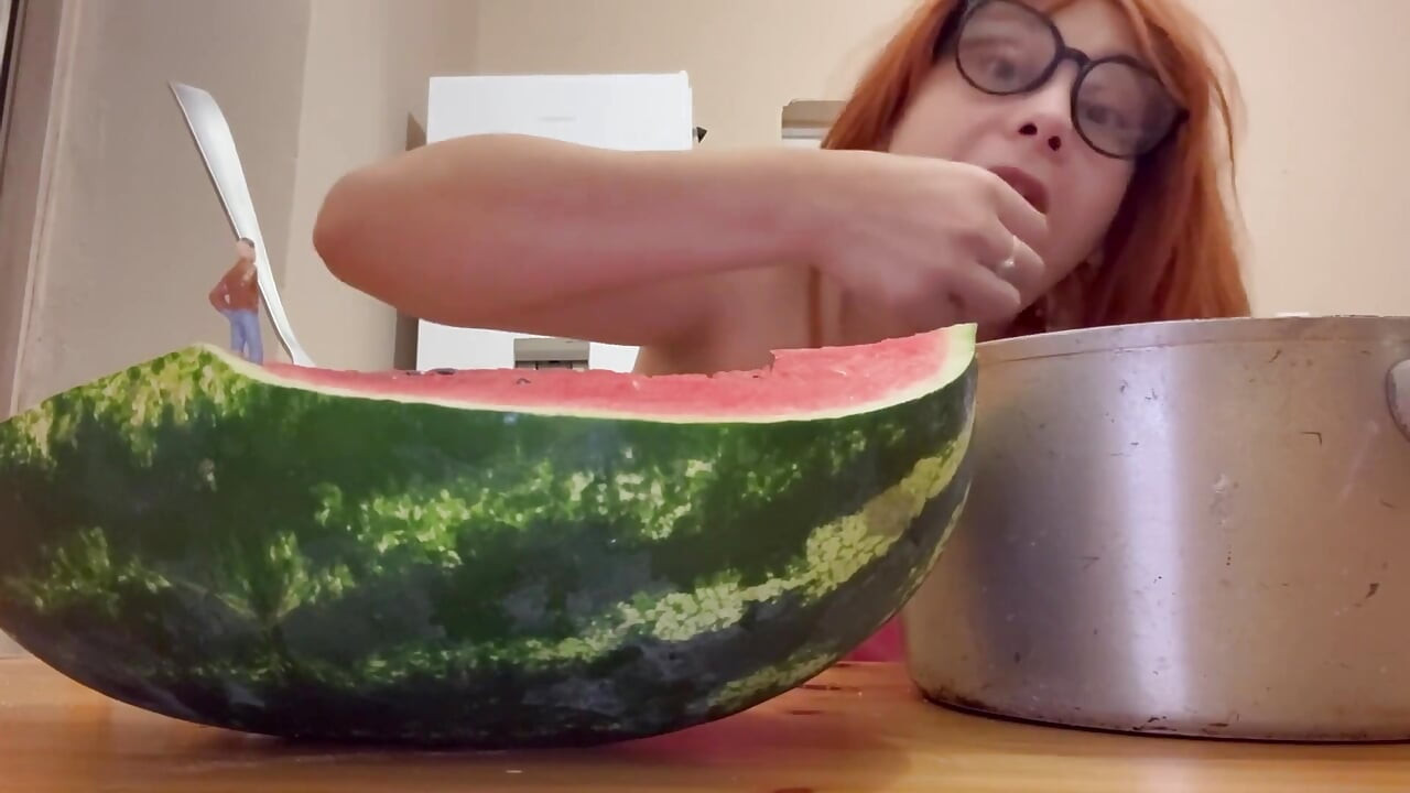 Giantess Stepsister Eats Watermelon and Is Really Horny While Tiny Stepbrother Watches Giantess Stepsister Eat