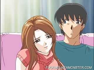 Anime, une adolescente baise une bite dans une orgie de groupe