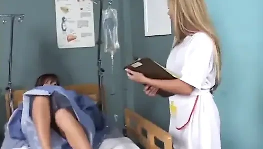 Hot Asian nurse pussy licking with a sexy breast patient in bed