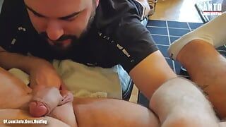 Hetero tattooed guy Steven who accepted gay for pay once from me, comes over again for blowjob, rimming, fingering  and kissing