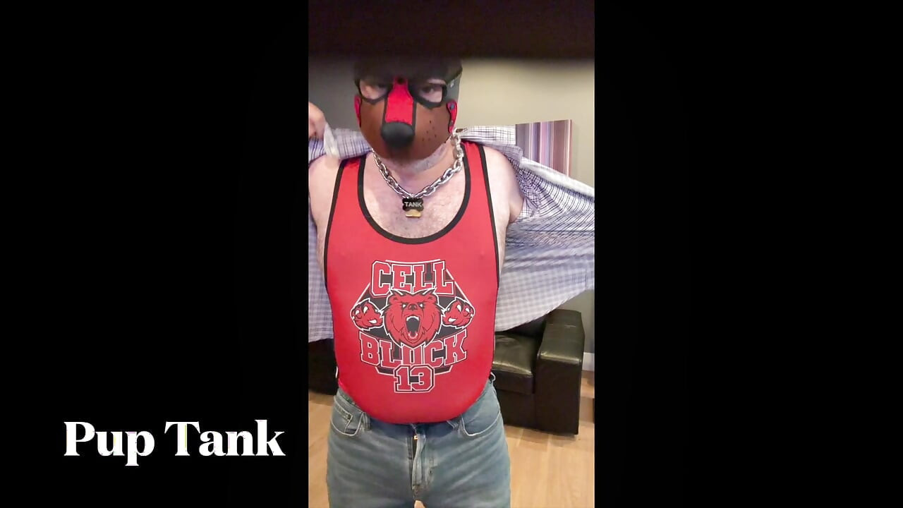 Muscle pup jerks off in red singlet