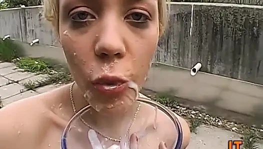 Blonde Silicone Slut Swallows 28cm BBC in Mouth, Pussy & Ass by the Pool