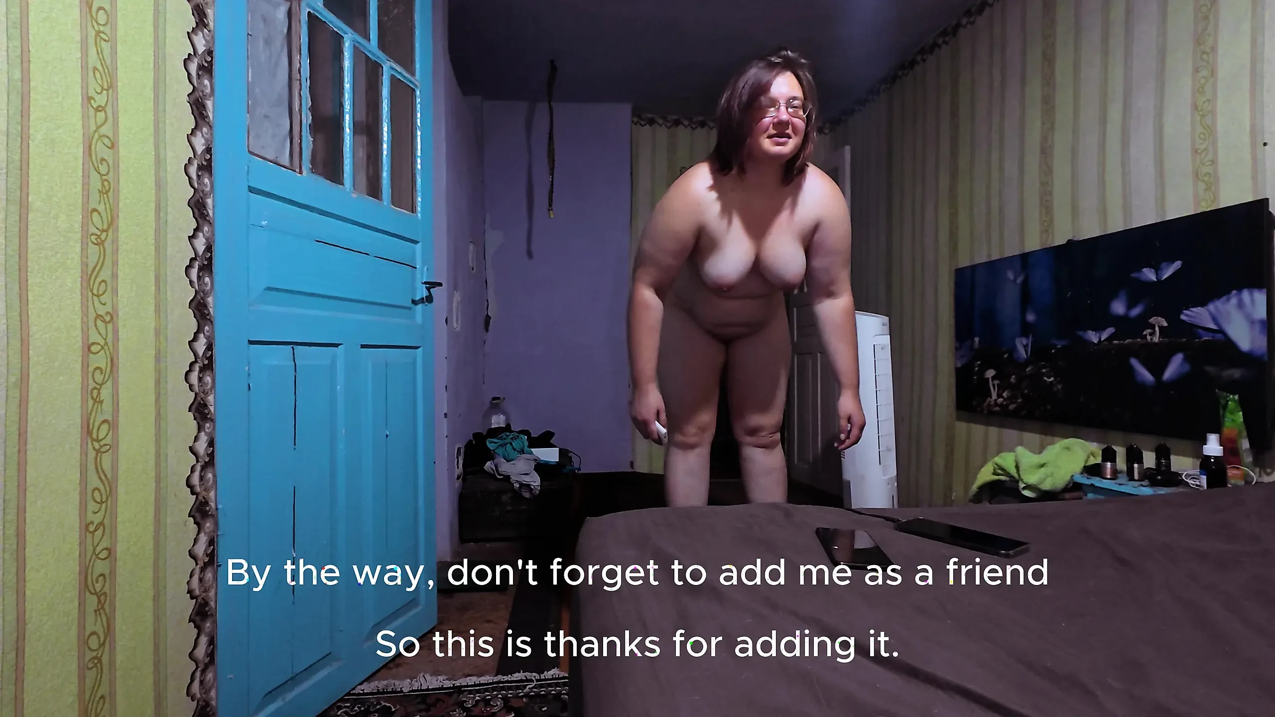 Naked Curvy Brunette on Vibration Platform Reads Comments with English Subtitles