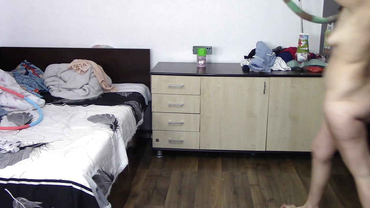 Sexy wife workout at home naked. Sexy brunette tries on pantyhose, hairy pussy, big ass, big tits.
