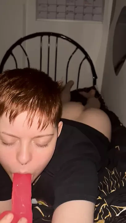 Trans boy alexander sucking pink dildo to please