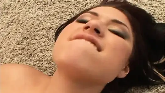 Sexy Angelina licks cum off tits after a hard fuck on both holes