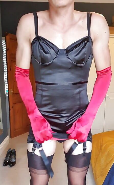 Red satin gloves ️and tight black satin dress