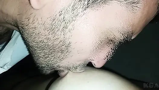 My husband plays and sucks my swollen nipples, I am warmed by the rich sounds he makes when he licks my juicy tits