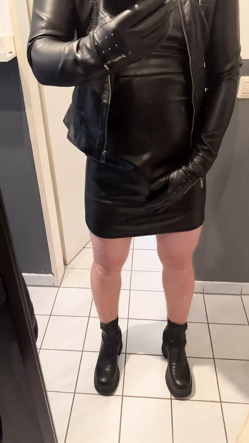 Sissy Laura Solo Cumshot in Full Leather dress and ankle boots