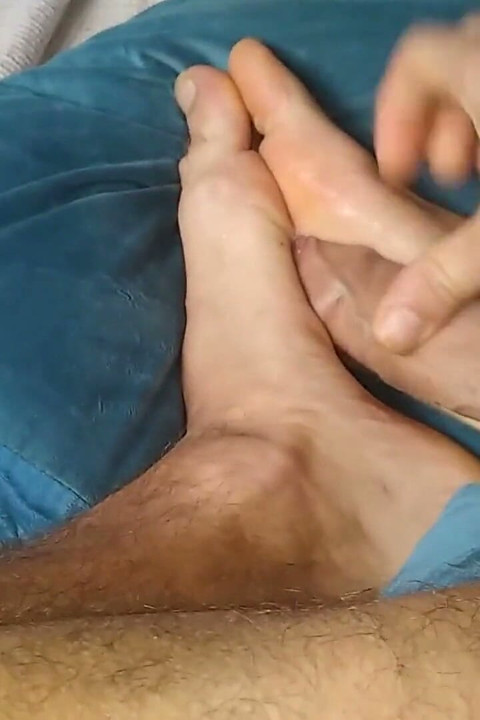 Huge Hairy Cock Masturbated with Soft Feet Full of Spit