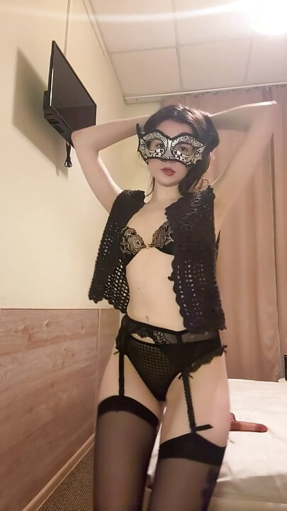 Russian long-legged slut in high heels and stockings seduces with dance and vulgar tongue