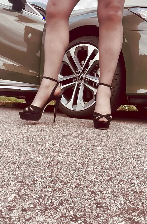Crossdresser husband country flashing. High heels, stockings panties.  Wanking, but no cum yet.