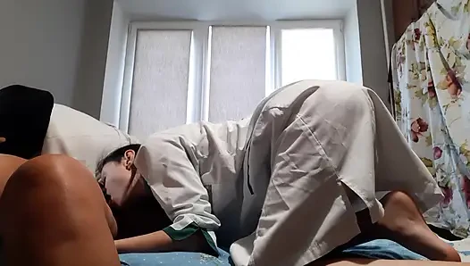 Two nurses fuck a patient (foot fetish, cunnilingus, nipple licking)