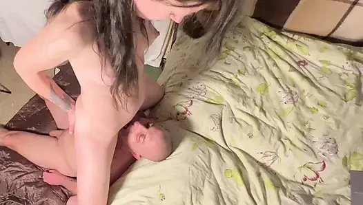 Young wife fucks daddy's face hard several times, hot cowgirl!