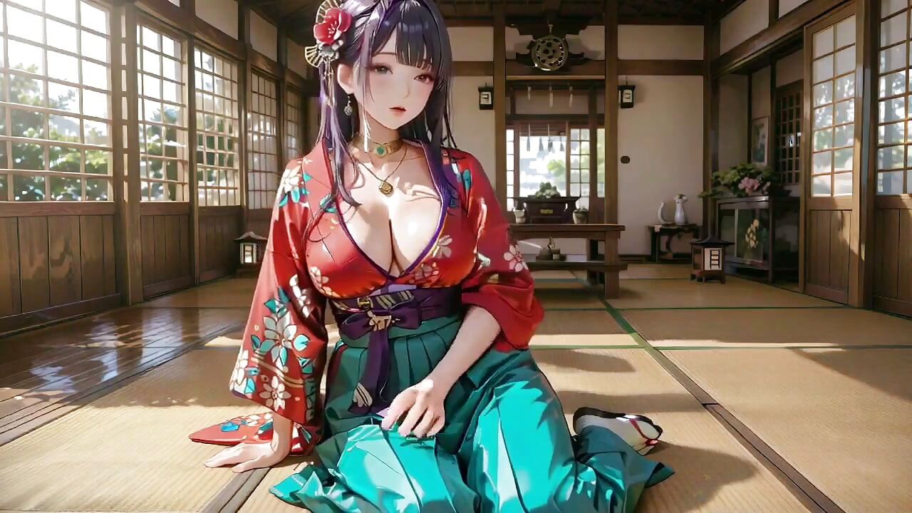 Purple Hair & Kimono! Seductive Kneeling in a Japanese Garden.