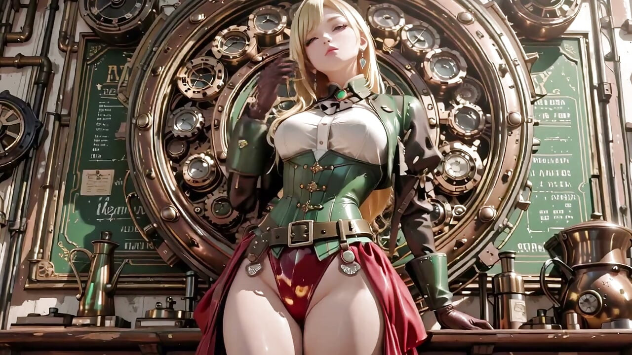¡Secretaria rubia steampunk! Poses perezosas entre engranajes gigantes, ajustándose las gafas con mirada provocadora.