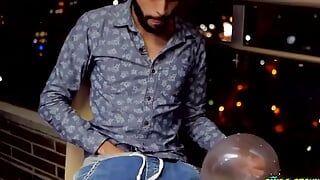 Fucking a condom out in the balcony until i cum inside of it
