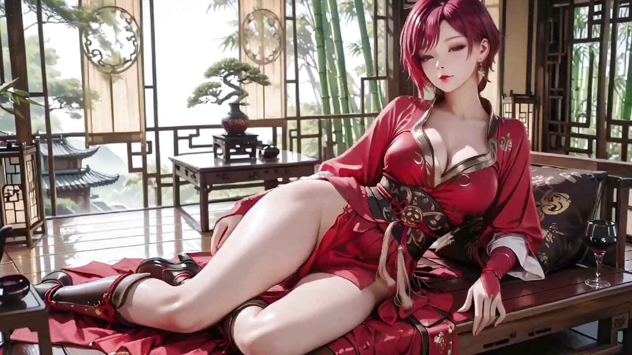 Purple-haired War Maiden in High-slit Kimono, Kneeling to Tease Your Eyes with a Fiery Gaze and a Wet, Forbidden Whisper.
