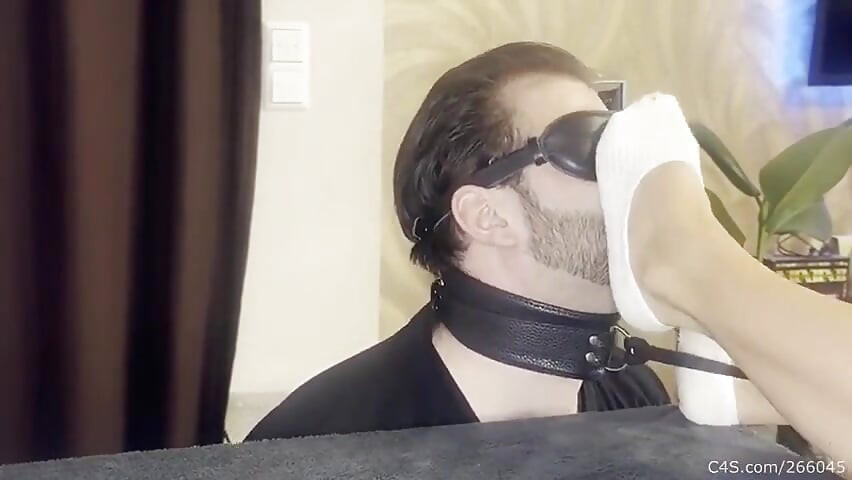Blindfolded Foot Slave on a Leash - Smelly Socks Domination Part 1